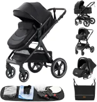 Rustive Luxe Kinderwagen 3 in 1 - Kwalitatieve Buggy - Multifunctioneel - Inklapbaar - Incl. Autostoel - Volledig Zwart