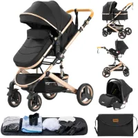 Rustive Luxe Kinderwagen 3 in 1 - Kwalitatieve Buggy - Maxi Cosi - Multifunctioneel - Inklapbaar - Incl. Autostoel - Zwart