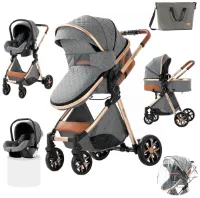 Rustive Luxe Multifunctionele 3-in-1 Kinderwagen - Inklapbaar - Draagbaar - Kwalitatieve Buggy - Incl. Autostoel - Grijs