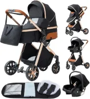 Rustive Luxe Multifunctionele 3-in-1 Kinderwagen - Inklapbaar - Kwalitatieve Buggy - Lage Versie - Maxi Cosi - Incl. Autostoel - Zwart
