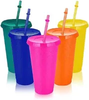 Selbro ® 5 stuks plastic bekers met deksels en rietjes, 680 ml herbruikbare kleurrijke glitterbekers koude kopjes set reisbekers voor koude dranken ijskoffiekopjes voor feestjes