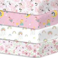 Set van 4 Zacht en Hypoallergeen Hoeslakens voor Babybedje met Bloemen en Regenbogen