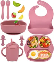 Siliconen-Eetset-Met-Zuignap-Voor-Baby’s-8-Delige-Set-Met-Bestek-Kommen-Slabbetjes-En-Drinkbeker-BPA-Vrij-Roze