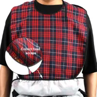Slabbetjes voor volwassenen, waterdicht, machinewasbaar, kledingbescherming, met kruimelverzamelaar, voor oudere mannen en vrouwen (rood + zwart)