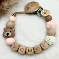 Speenkoord met naam - Roze/ Zand/ Bruin - Met beer - Kraamcadeau - Babycadeau - Speenketting - Babyshower - Meisjes