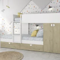 Stapelbed Jip met kast & lades - eik/wit/wit - Trasman - Kinderbedden met uitvalbeveiliging - Wit - Spaanplaat - Kinderbedden met uitvalbeveiliging - Eenpersoons - Stapelbed - Op voorraad