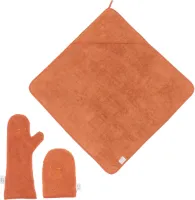 The Original Baby Shower Glove met Normale Badcape en Washandje - Nifty- Nifty - Baby Washandje - Lange washand - Badcape 75x75 - Washandje Baby - Biologisch Katoen – Roestbruin Glamour