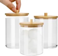 Transparante acryl wattenstaafjeshouders - Set van 3 met bamboedeksel