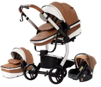 Varnox Luxe Kinderwagen 3 in 1 - Kinderwagen - Bedje - Buggy - Reiswieg - Combi kinderwagen - Kinderwagen met autostoel - Opvouwbaar - PU leer - Lederen - Aluminium frame - Bruin