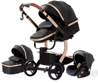 Varnox Luxe Kinderwagen 3 in 1 - Kinderwagen - Bedje - Buggy - Reiswieg - Combi kinderwagen - Kinderwagen met autostoel - Opvouwbaar - PU leer - Lederen - Aluminium frame - Zwart