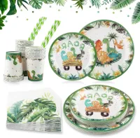 Verjaardagsdecoratieset Dino thema - feest benodigdheden voor kinderverjaardag, babyshower, Kerstmis - jongens en meisjes - papieren borden, bekers, vork, servetten en rietjes - 24 gasten