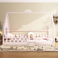 Vlak bed, 140*200 cm, kinderbed, veiligheidshekje, leuning, grenen, roze