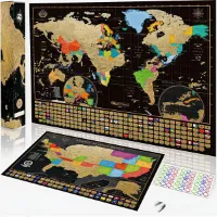 Wereld Kraskaart en USA kaart set - Decoratief, inspirerend - 2 stuks - Goud/zwart - Europees design
