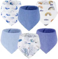 Yukkidds Baby Slabbetjes Driehoek Sjaal 100% Katoenen Mousseline Sjaal voor Pasgeboren Jongens en Meisjes Absorberende en Verstelbare Baby Sjaals 6 Stuks Blauwe Regenboog