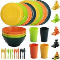 herbruikbaar Plastic servies set 28 stuks, herbruikbare lichtgewicht bekers, kommen, borden, messen, vorken, lepels voor camping, picknick en dagelijks gebruik, vaatwasmachinebestendig (Mutil kleur)