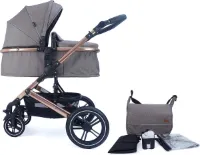 kinderwagen met stoffen kuip, buggy, luiertas, drankhouder, regenzeil, muggennet, aankleedkussen (goud/bruin)