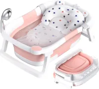 opvouwbaar babybadje, essentieel babybadaccessoire, draagbaar bad voor pasgeboren tot peuter met antislipmat en afvoergat. (geen thermometer) (roze + babybadmatje)