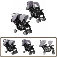 vidaXL Kinderwagen Dubbel - Grijs/Zwart - Inklapbaar Dubbele Kinderwagen - Kinderwagen Tweeling - Loopwagen - Babywagen - Stadsbuggy