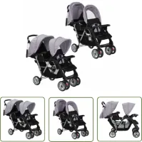 vidaXL Kinderwagen dubbel staal grijs en zwart - Kinderwagen Tweeling - Kinderwagen Dubbel - Babywagen Dubbel - Luxe Kinderwagen - Kinderwagen Grijs Zwart