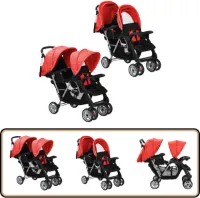 vidaXL Kinderwagen Dubbel - Rood/Zwart - Inklapbaar Dubbele Kinderwagen - Kinderwagen - Baby Artikelen - Loopwagen - Kindertransport