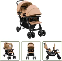 vidaXL Tandem Kinderwagen - Tweelingkinderwagen - Tweelingkinderwagen tandem staal taupe - Kinderwagen Taupe - Kinderwagen Staal - Luxe Kinderwagen