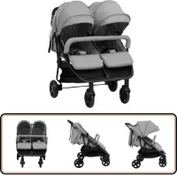 vidaXL Tweelingbuggy - Staal - Lichtgrijs en Zwart Tweelingbuggy - Kinderwagen - Wandelwagen - Driewieler - Vierwieler