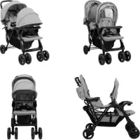vidaXL Tweelingkinderwagen tandem staal lichtgrijs - Tandem Kinderwagen - Tandem Kinderwagens - Tweeling Kinderwagen - Tweeling Kinderwagens